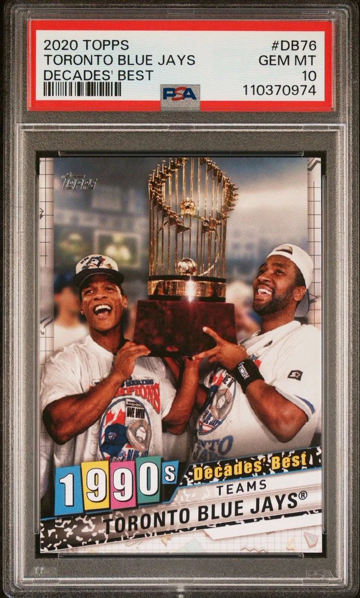 alanbarcoff's tweet image. I stay away from Rickey cards after 2004 as a rule of thumb, but this Blue Jays 2020 Topps decades best teams card of him in PSA 10 was a must for me to get as it wasn't a Rickey after career card so to speak. BEAUTIFUL photo of him and Joe Carter with the WS trophy. @qpeep77…