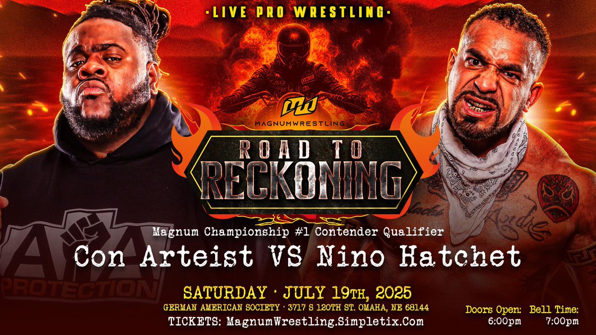 In our 3rd tournament match to qualify for the #1 Contender Fatal Fourway in August, Nino Hatchet is after his shot but the path to the top is rarely free of obstacles. 

Will Con Artiest be able to secure the Prohpets of POP’s biggest win yet?

simpletix.com/e/magnum-wrest…