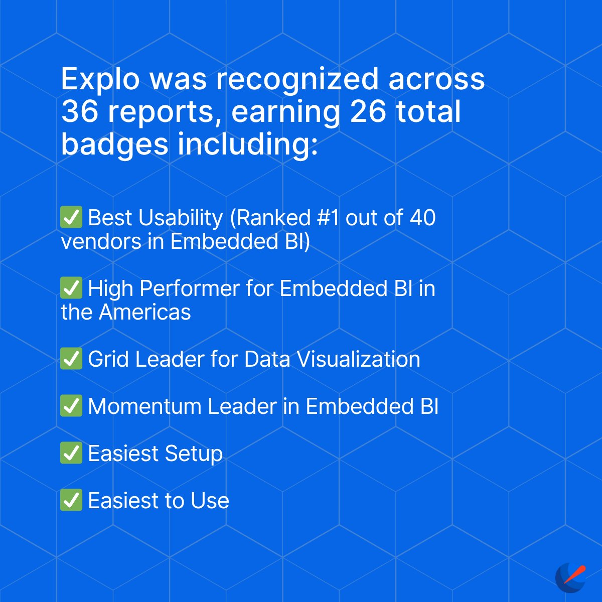 tryexplo's tweet image. 🚀 We’re proud to share that Explo has been named #1 for Usability in Embedded BI in G2’s Summer 2025 Report — earning 26 badges across 36 reports!
🏆 Best Usability (1st out of 40 vendors)
⭐ Best Meets Requirements
👨💻 Easiest to Use
⚙️ Easiest Setup
🤝 Best Support
🌎 High…