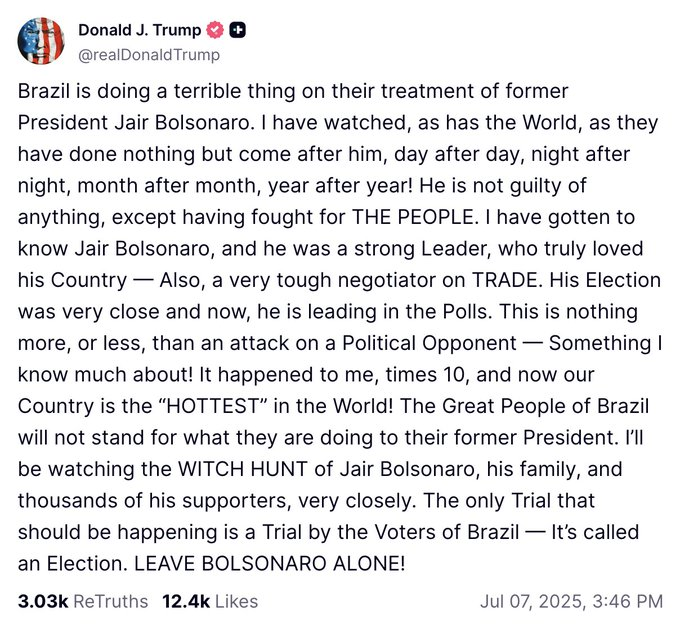 Trump entrou com força na disputa presidencial do Brasil. Isso não mudará decisão do STF sobre Bolsonaro, mas ilustra como relação Brasil-EUA ficará conturbada, e com chances de retaliações, inclusive por regulações de redes sociais e ações brasileiras nos Brics.