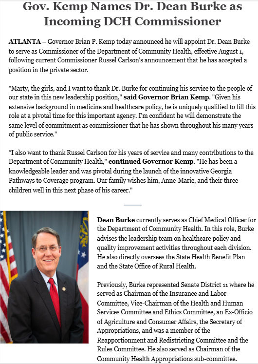 rahulbali's tweet photo. Burke To Be Next Georgia DCH Commissioner

Governor Brian Kemp appoints Dr. Dean Burke to be next Commissioner of the Department of Community Health.

He the agency's Chief Medical Officer and a former State Senator.

DCH oversees Medicaid &amp; PeachCare for Kids in Georgia. #gapol https://t.co/99KV4f4ClV