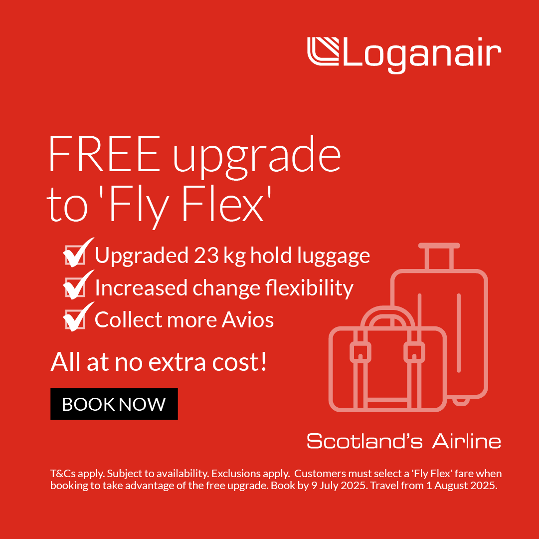 FREE FLY FLEX UPGRADE!

Our partners <a href="/FlyLoganair/">Loganair</a> are offering to upgrade your adventure as you can enjoy a FREE Fly Flex Upgrade!

✅ 23kg luggage allowance 
✅ Free seat selection 
✅ Extra flexibility

Book by midnight, 9 July. Travel from 1 August:
loganair.co.uk/flyflexupgrade…