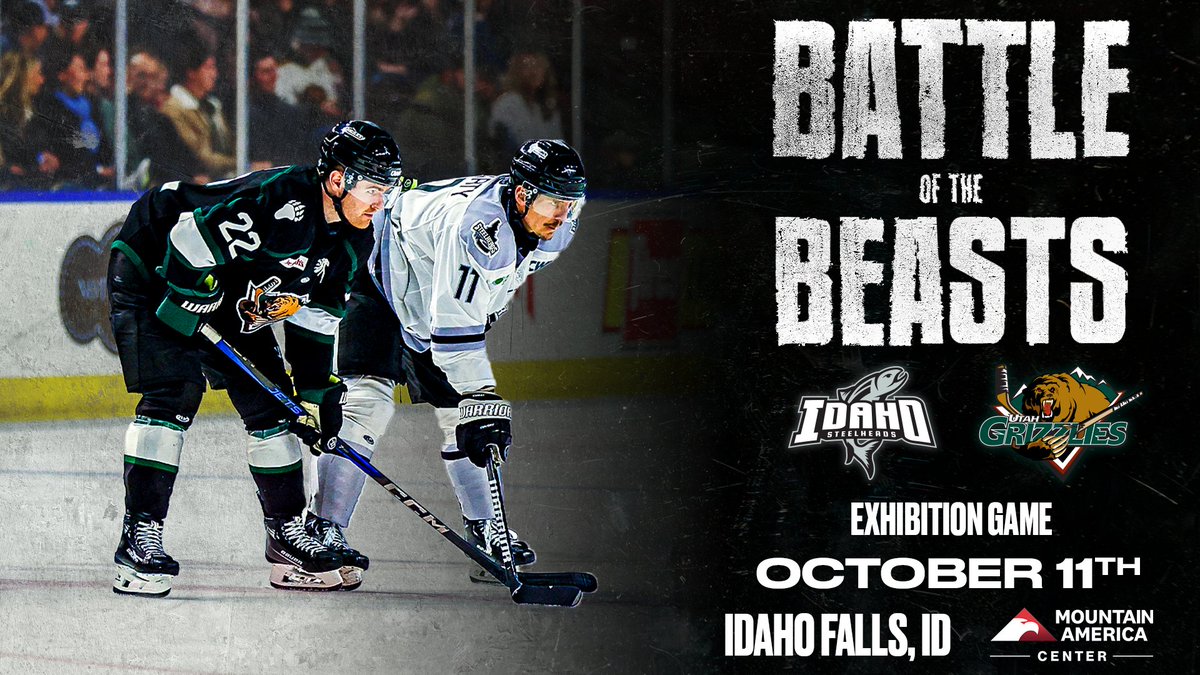 JUST ANNOUNCED!!
The Battle of the Beasts ECHL Exhibition Showdown between the Utah Grizzlies and the Idaho Steelheads is back at the Mountain America Center on October 11th! 🐻🐟
Presale | Thursday 7/10 @ 10AM
On Sale | Friday 7/11 @ 10AM