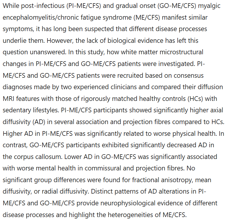 From Australia:
Distinct white matter alteration patterns in post-infectious and gradual onset chronic fatigue syndrome revealed by diffusion MRI

Free fulltext:
nature.com/articles/s4159…

#MEcfs #CFS