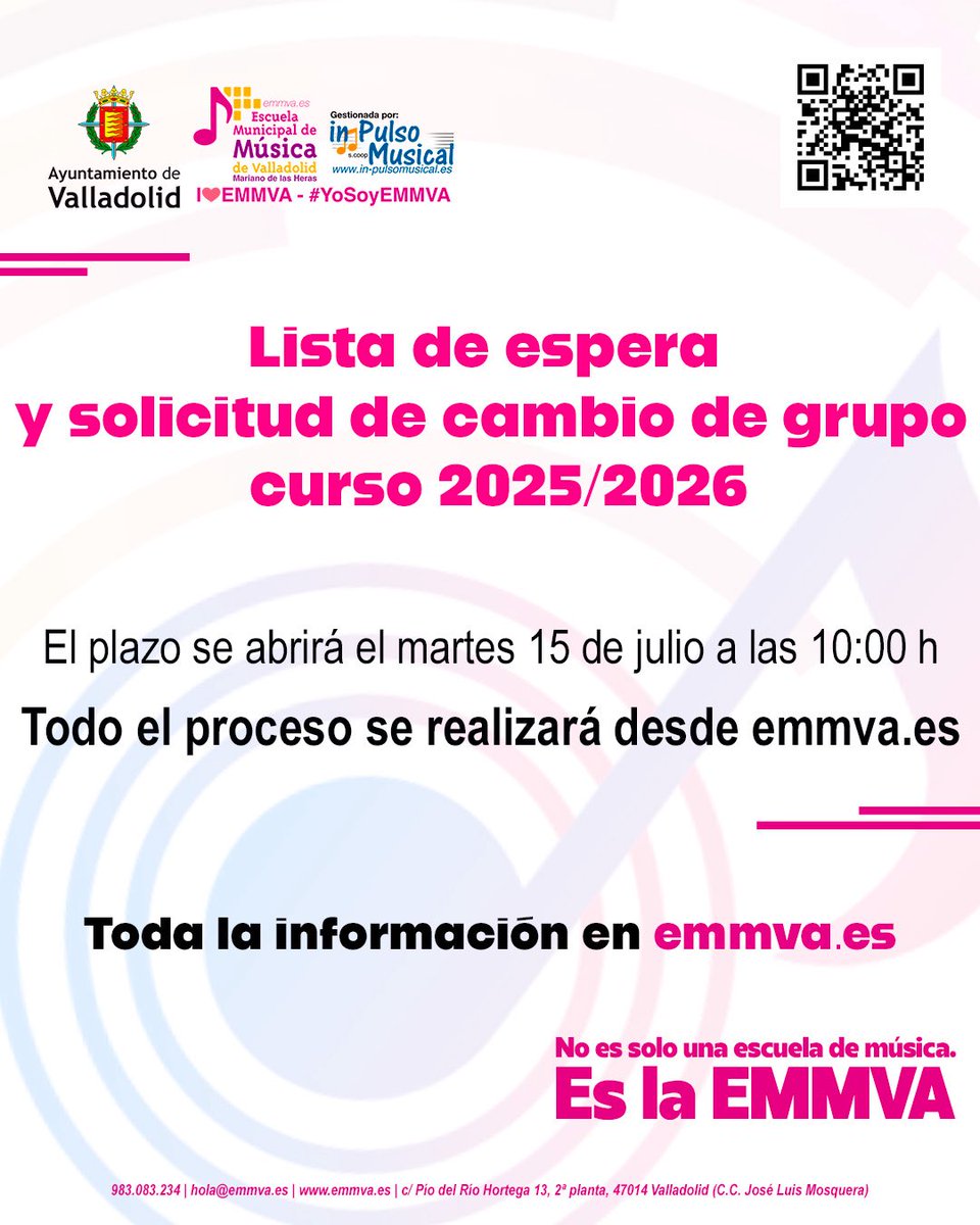 El proceso de inscripción en la lista de espera y de solicitud de cambio de grupo para el curso 2025/2026 se abrirá el 15 de julio a las 10:00 h. Toda la información aquí 👉 emmva.es/matricula/
No es solo una escuela de música. Es la EMMVA.