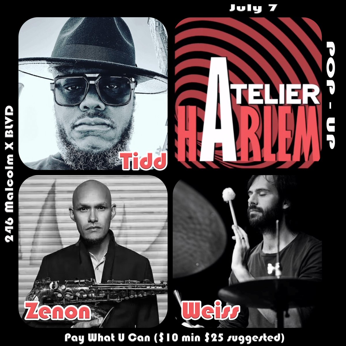 Tonight at Atelier Harlem with Anthony Tidd and <a href="/danweissdrum/">dan weiss drums</a>...Come join us...
#miguelzenon
#harlem