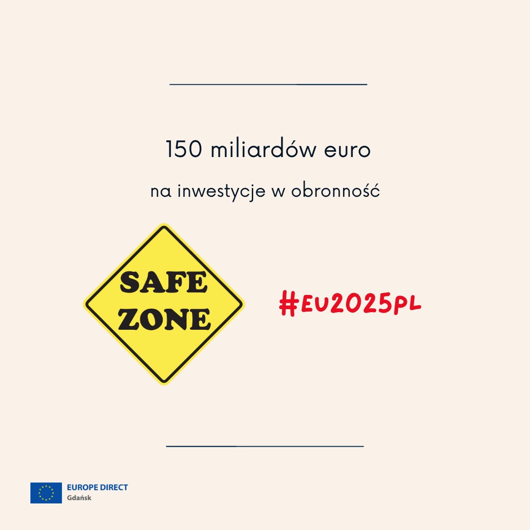 EDGdansk's tweet image. Ruszył program SAFE!
💡 UE po raz pierwszy w historii przeznaczyła aż 150 miliardów euro na wspólne inwestycje w obronność. Program obejmuje m.in. obronę powietrzną, amunicję, drony i cyberbezpieczeństwo.
