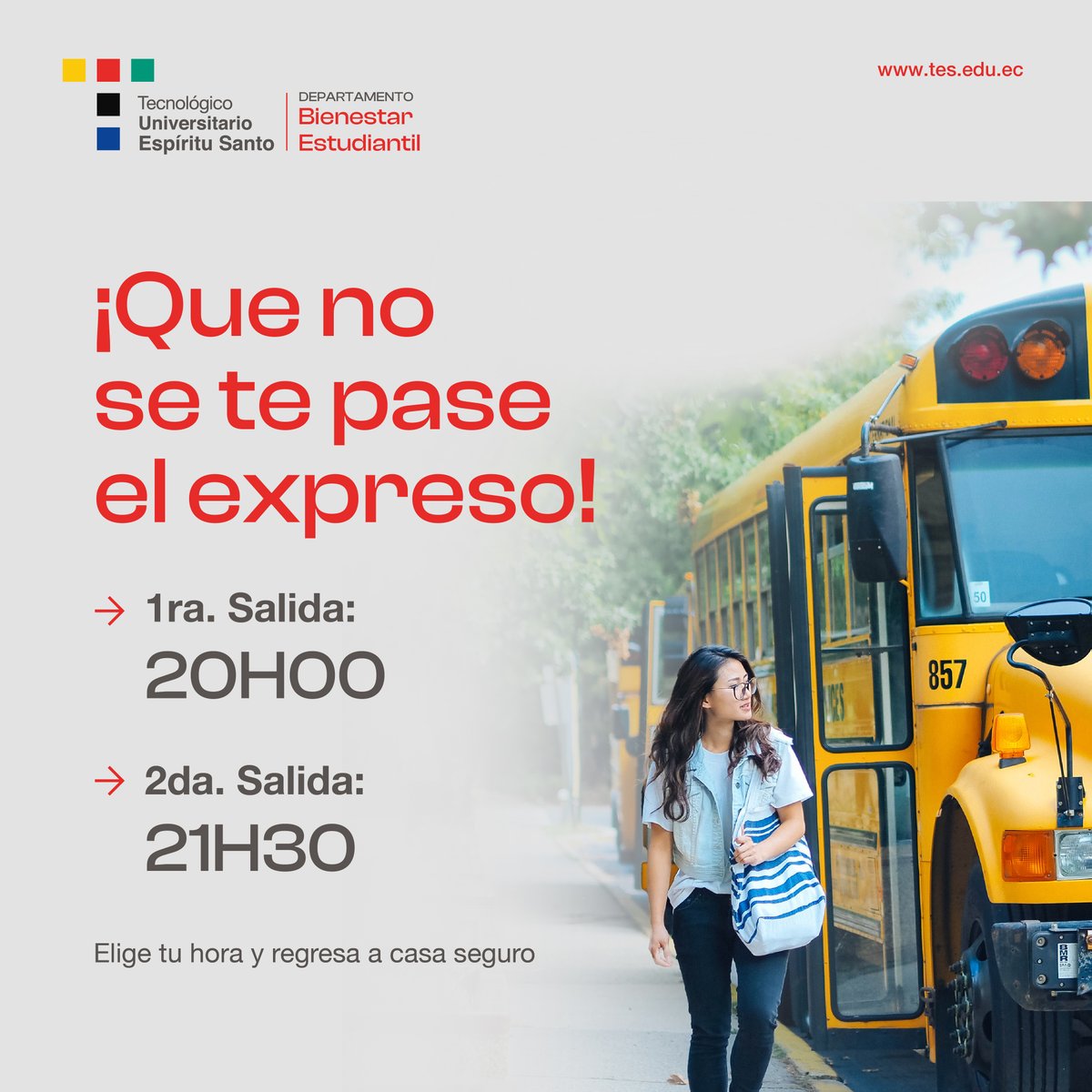 ¡El servicio de expreso 🚌 ya está disponible para regresar seguro a casa!

Contáctanos para más información 👇🏻

Memotrans S.A.
0994974611 - 3804810 ext 230
mmadero@espiritusanto.edu.ec

Bienestar Estudiantil
0959293499
3804810 ext 167
yramos@tes.edu.ec

#TodosSomosTES