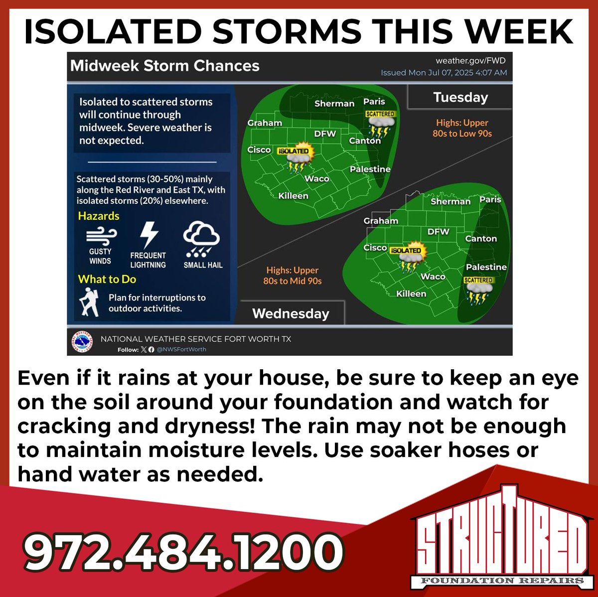 Isolated storms don’t always mean enough rain to protect your foundation. Dry soil can still cause movement. Watch for cracks and use soaker hoses or hand water as needed.

Questions? Call 972-484-1200.
#FoundationTips #TexasWeather #HomeMaintenance