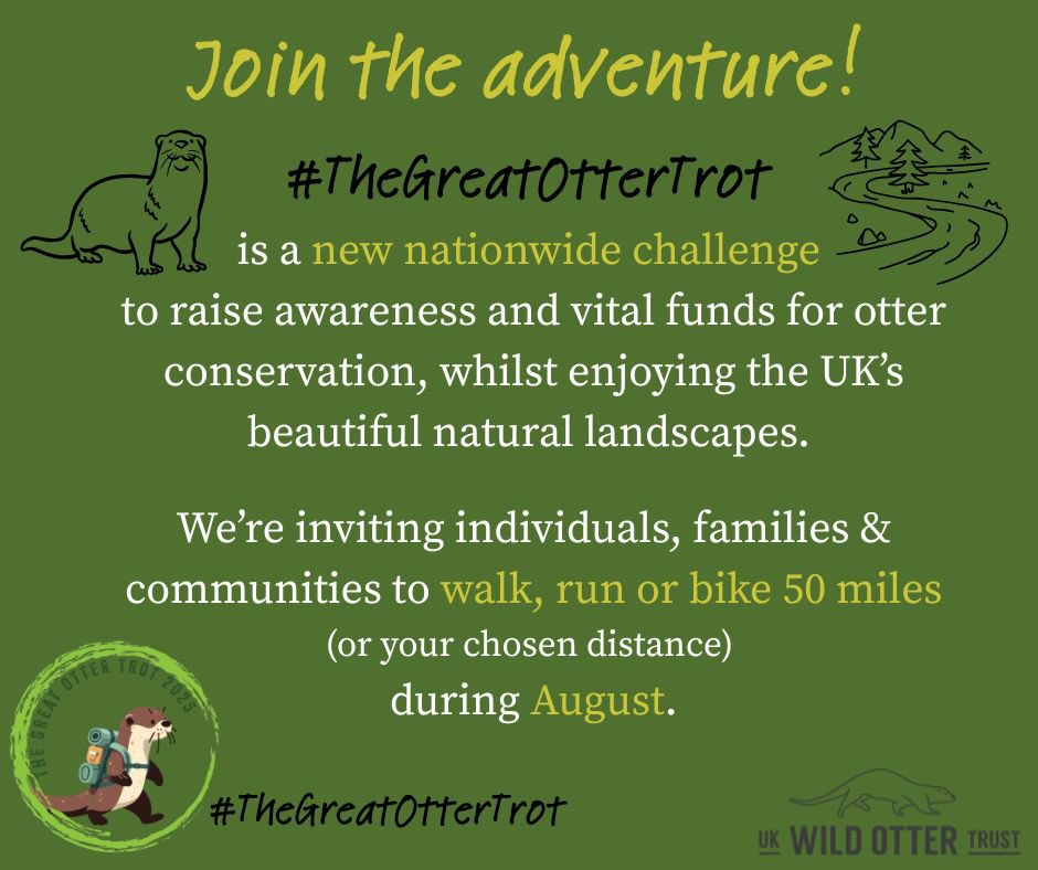 WildOtterTrust's tweet photo. ✨ Join us this August for The Great Otter Trot ✨

The Great Otter Trot 🦦👣🐾 is a new nationwide challenge to raise awareness and vital funds for otter conservation, whilst encouraging everyone to enjoy the UK’s beautiful natural landscapes.

#TheGreatOtterTrot #otters https://t.co/B4M6Pqk0tY