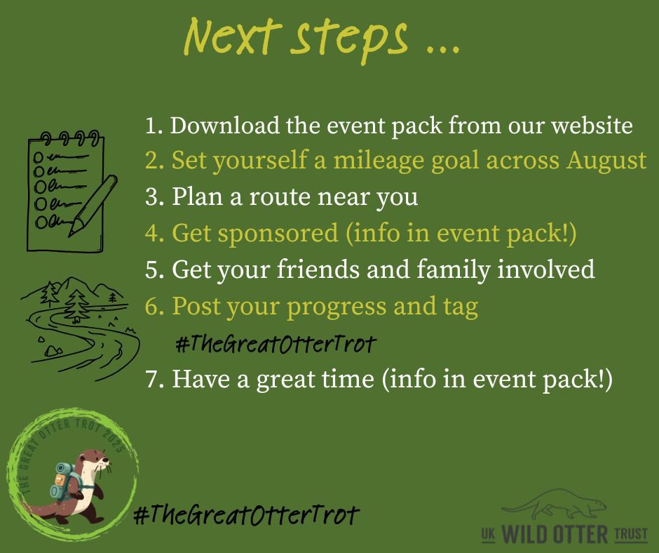 WildOtterTrust's tweet photo. ✨ Join us this August for The Great Otter Trot ✨

The Great Otter Trot 🦦👣🐾 is a new nationwide challenge to raise awareness and vital funds for otter conservation, whilst encouraging everyone to enjoy the UK’s beautiful natural landscapes.

#TheGreatOtterTrot #otters https://t.co/B4M6Pqk0tY