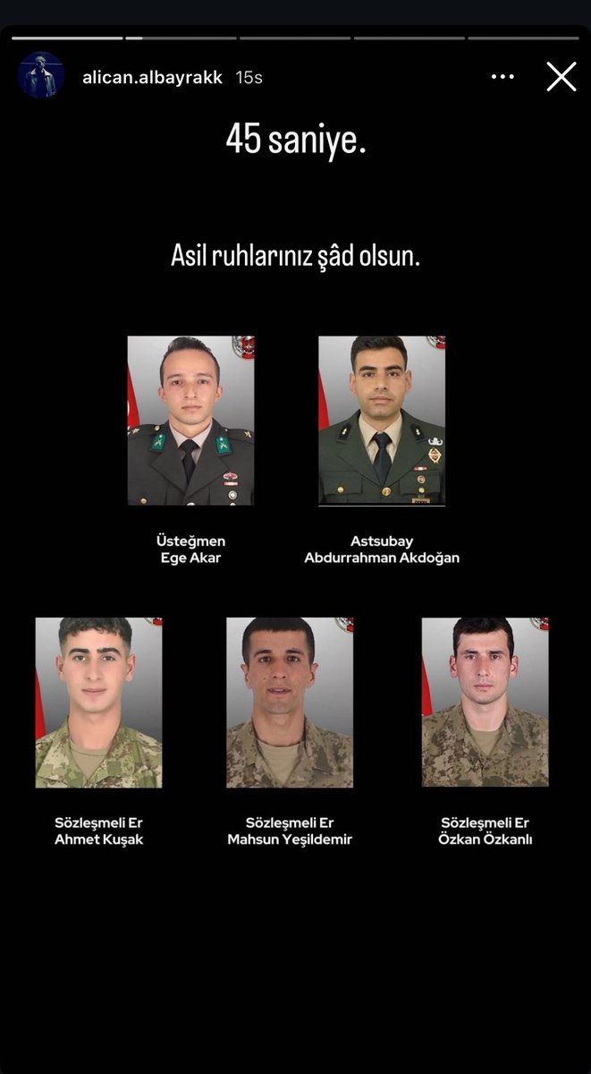 Oyuncu Alican Albayrak’ın şehit paylaşımı:

“45 Saniye!”