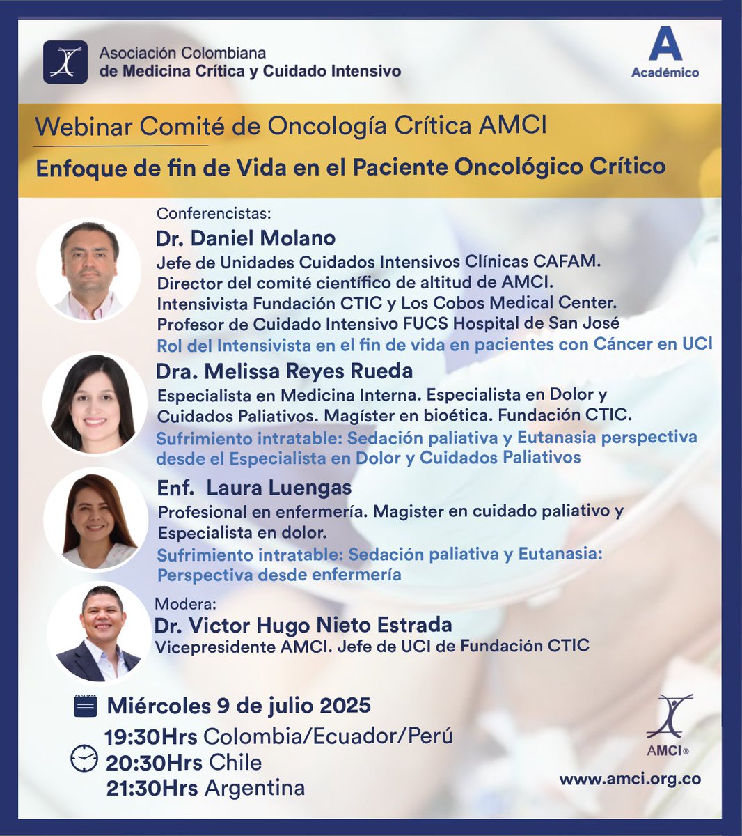 Acompáñanos el próximo miércoles al #webinaramci Enfoque de fin de Vida en el #pacienteoncológico  ¡Actividad de interés! Inscríbete pronto y asiste: 
🔗 linktr.ee/AMCI_Colombia 
19:30Hrs Colombia🕢