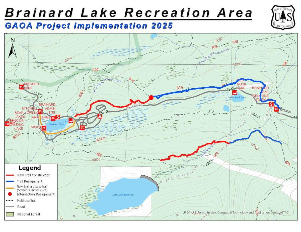 Safety🚨:
Crews will begin many improvement projects at the Brainard Lake Rec Area. Heavy equipment on trail pose safety hazards. Visitors on the Waldrop and Little Raven trails should exercise caution and expect brief delays. For more info visit: ow.ly/Hb6g50Wj6Ba