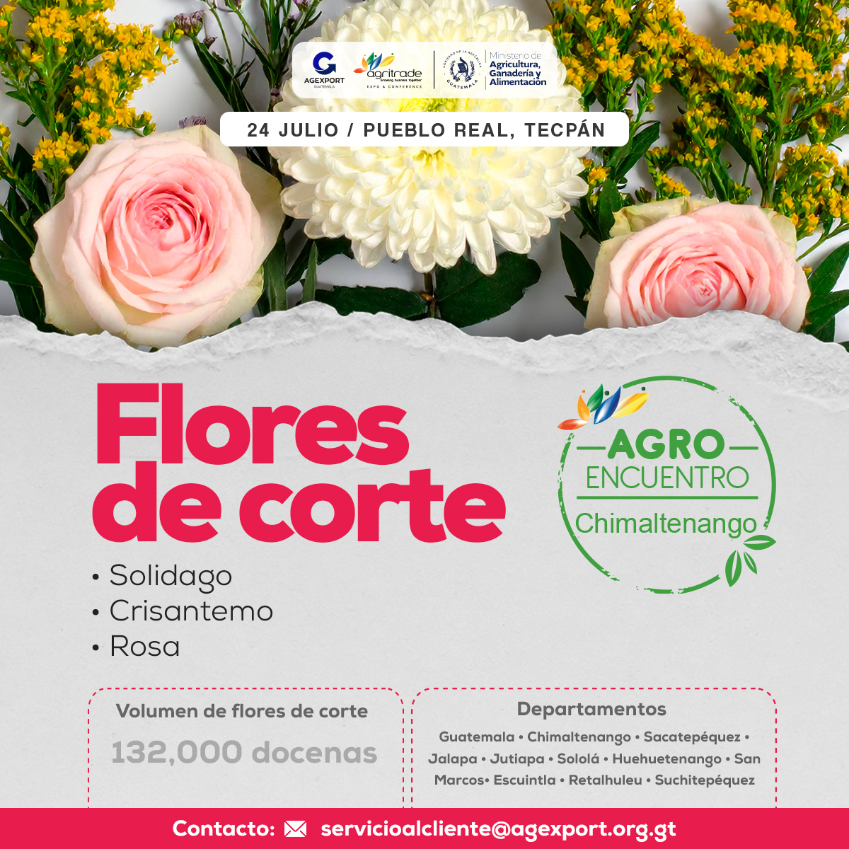 ¡Chimaltenango florece con oportunidades! 🌸

Este 24 de julio acompáñanos en Pueblo Real, Tecpán en el Agro Encuentro Chimaltenango, donde el sector de flores de corte será uno de los protagonistas 💐

🔹 Especies: Solidago, Crisantemo y Rosa
🔹 Producción anual: 132,000 docenas