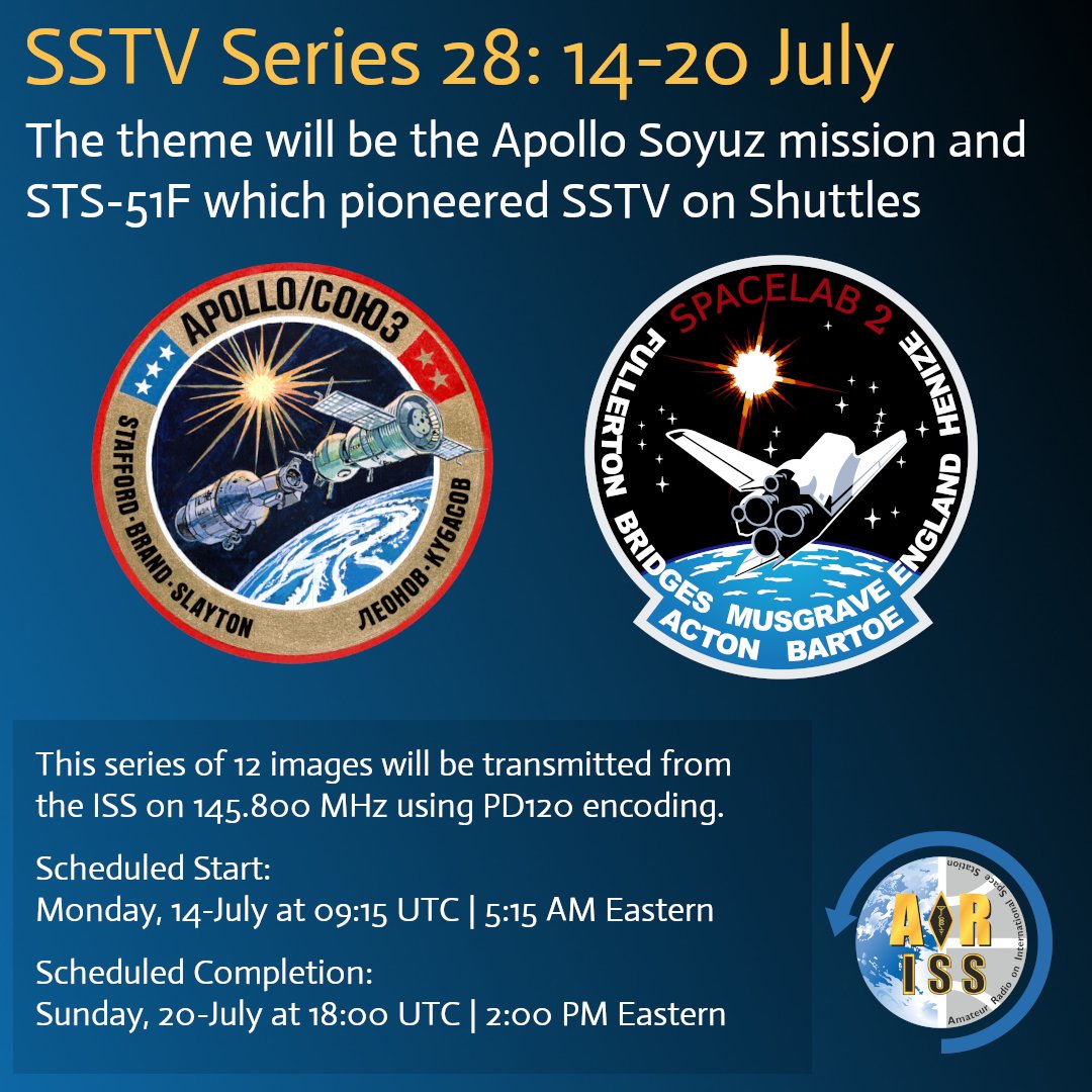 The planners have confirmed a 14-July start for the next ARISS SSTV series.   
12 images will start transmitting around 09:15 UTC | 05:15 AM ET next Monday.  Event will run across parts of 7 days.