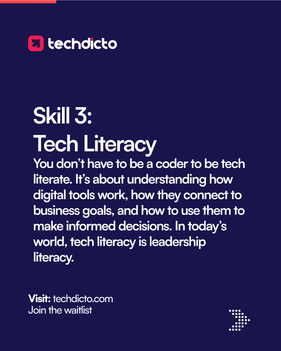 techdicto's tweet photo. 💡 Want to stay future-proof in a fast-changing world? 
 These 3 skills are non-negotiables in the tech era: 
 ⁠ 
 🔹 Problem Solving 
 🔹 Adaptability 
 🔹 Tech Literacy 
 ⁠ 
 Which one are you working on right now? Drop it below 👇 
 #FutureOfWork #LearnTech #Upskill https://t.co/UAEY6FmpPC
