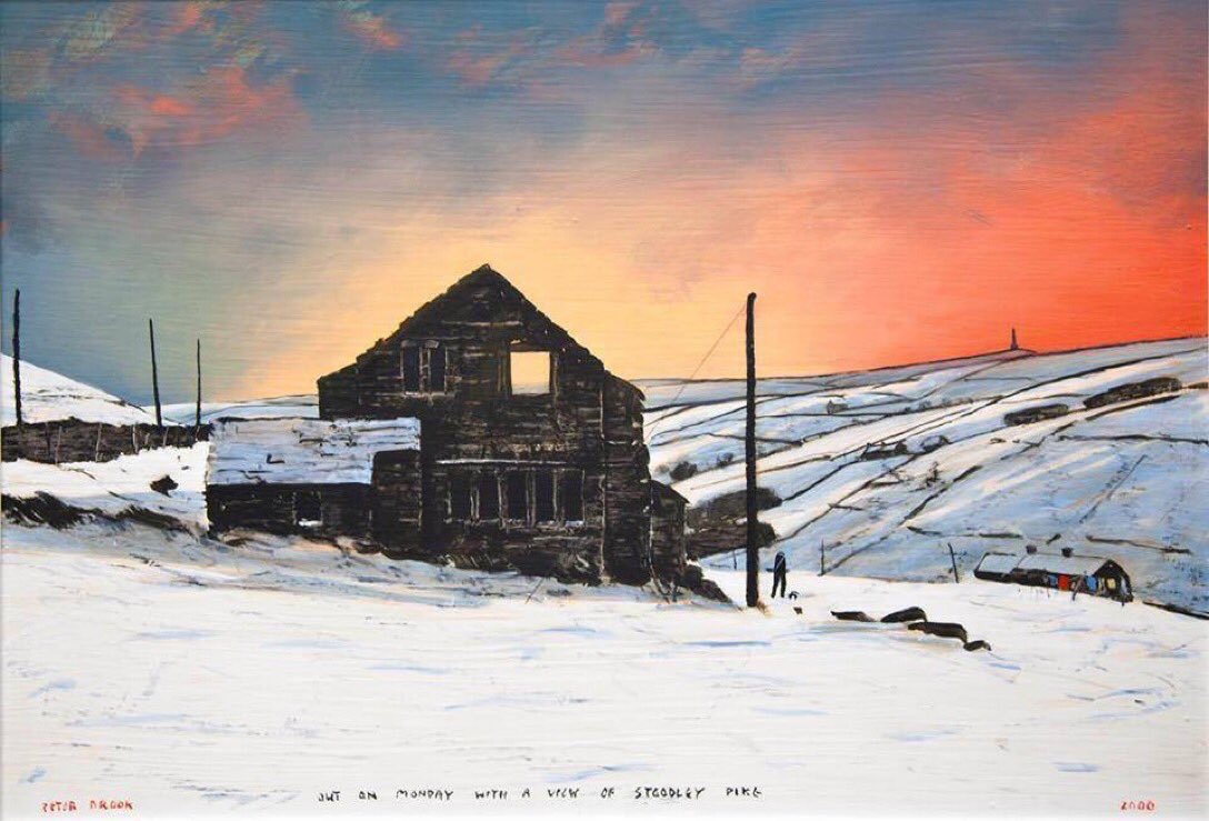 ‘Out on a Monday with a View of Stoodley Pike’ from 2000 is one of the best known of Peter Brook’s later paintings. Full of trademark details and motifs, the eye is drawn to the prominent hilltop monument and spectacular evening sky. Typically there’s a washing line in there too.