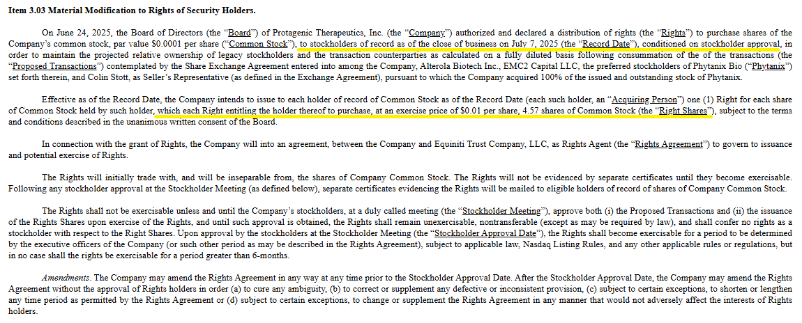 TraderTendies's tweet photo. Today's the last day to be apart of $PTIX's "Right Shares."

You will be able to exercise 4.57 shares for every 1 share you own on July 7th's close with each share costing .01 upon approval at a future stockholder meeting. This was not PR'ed at all so it's completely under the radar which is unusual. 

If you check the 4h the stock is no stranger to moving big off the $3s this year. The last 400%+ spike on May 19th being a merger agreement. I think they kept this 8-K under wraps for some reason.

Looking forward to see what happens with this play. It's an 800k float right now with a reverse merger to potentially be closed eventually as the primary catalyst and a generous right to shares. All things that interest me as a catalyst swing.

I went long 5k shares Thursday before the long weekend at 3.45. Currently trading in the 3.30s.

Don't know how this plays out given the lack of recognition/run today but gotta give credit to @FIMike4 and @thestonknewb for finding/talking about it.

We'll find out over time if $PTIX was a hidden gem micro float or dud 😂

https://t.co/102wFVu7RH