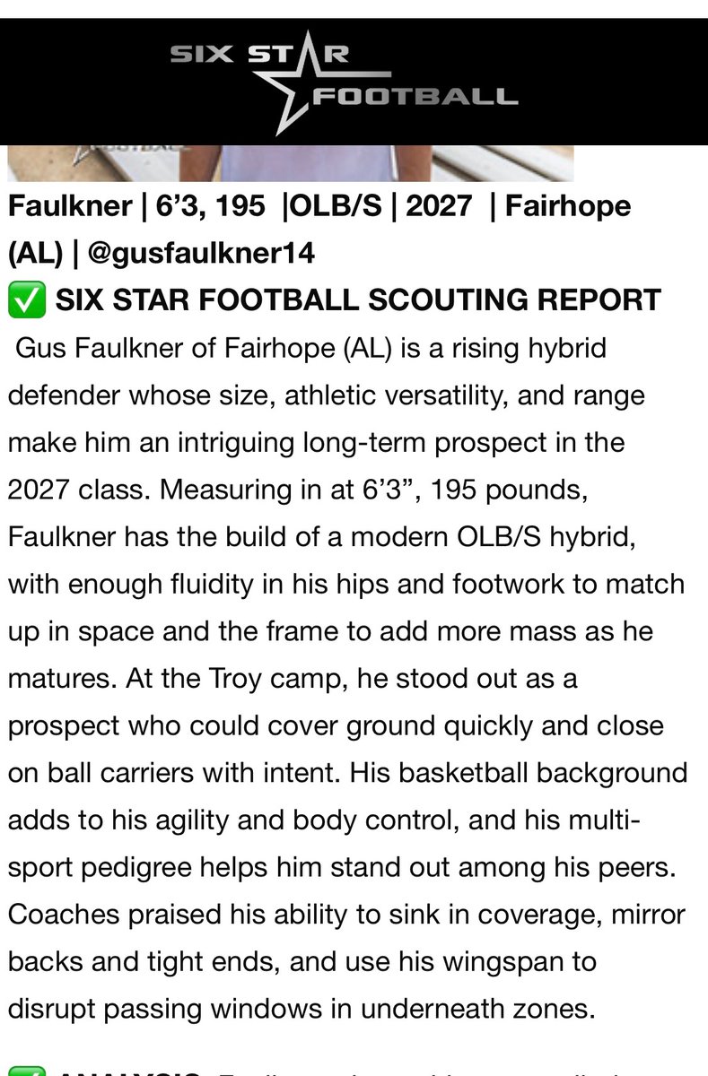 gusfaulkner14's tweet image. Thank you @sixstarfootball for the write up. @AL7AFootball @TroyTrojansFB @FHSPirateFball @mfarrellsports