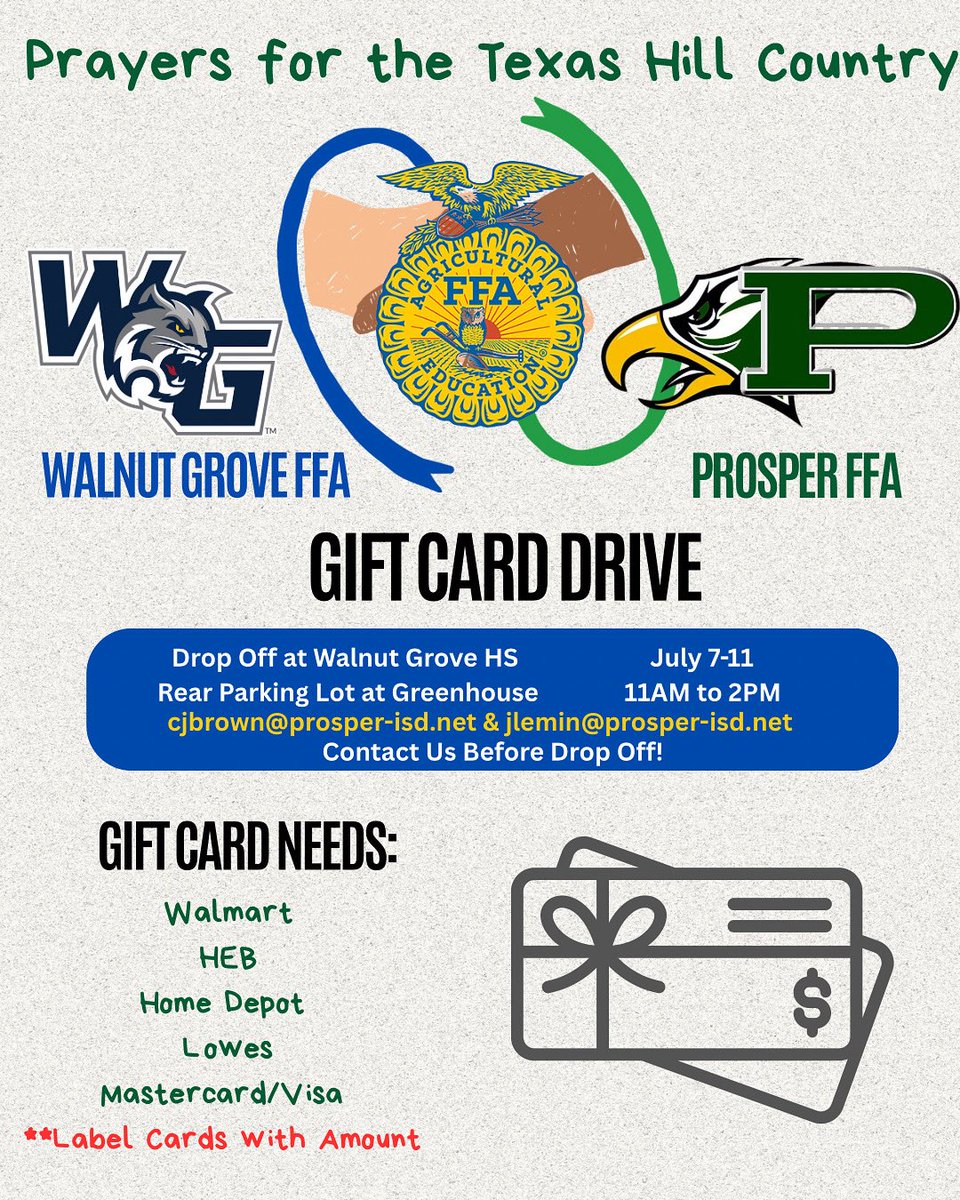 Prosper FFA (@theprosperffa) on Twitter photo Our hearts and prayers are with everyone affected by the devastating flooding in the Hill Country. Prosper FFA is partnering with Walnut Grove FFA to collect gift cards for those in need. Thank you for helping us make a difference. 💛💙 <a href="/prosperCTE/">Prosper CTE</a> <a href="/ProsperHS/">Prosper High School</a> <a href="/WalnutGroveHS/">Walnut Grove High School</a> Our hearts and prayers are with everyone affected by the devastating flooding in the Hill Country. Prosper FFA is partnering with Walnut Grove FFA to collect gift cards for those in need. Thank you for helping us make a difference. 💛💙 <a href="/prosperCTE/">Prosper CTE</a> <a href="/ProsperHS/">Prosper High School</a> <a href="/WalnutGroveHS/">Walnut Grove High School</a>