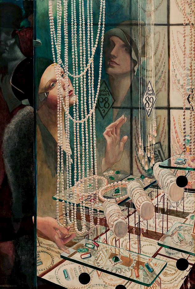 she discovered in a black satin box, superb diamond necklace, her heart throbbed with an immoderate desire..was lost in ecstasy at her reflection in the mirror

📘The Complete Stories 1902
✍️Maupassant(French Author)
🖼️Broadway Jewellery 1920s
🎨Rutherford(US Artist)

#bluemonday