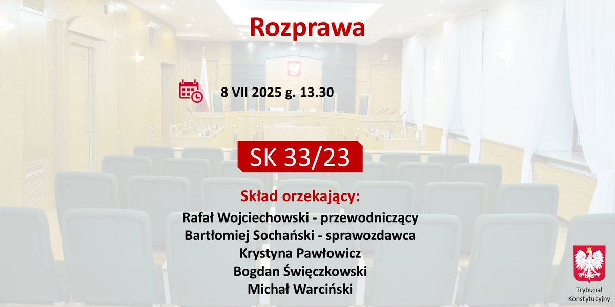 TK_GOV_PL's tweet image. 8 lipca 2025 r. o g. 13.30⏲️#TK rozpozna skargę konstytucyjną dot. braku prawa do świadczenia pielęgnacyjnego dla wnuka osoby niepełnosprawnej, gdy jej dzieci, nie będąc osobami niepełnosprawnymi, nie sprawują nad nią opieki.
#RozprawaTK SK 33/23
trybunal.gov.pl/postepowanie-i…