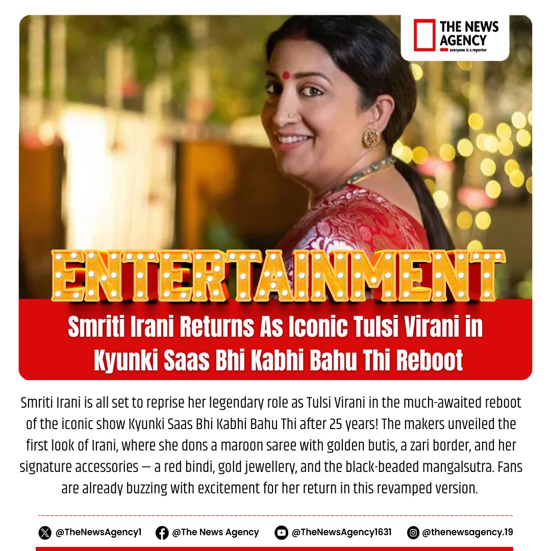 TheNewsAgency1's tweet photo. #TulsiViraniReturns #KyunkiSaasBhi #SmritiIrani #IconicReturn #KSBKBTReboot #TelevisionLegends #BigBreaking #BreakingNews #क्योंकि_सास_भी_कभी_बहु_थी
@smritiirani https://t.co/7mYfvts10u