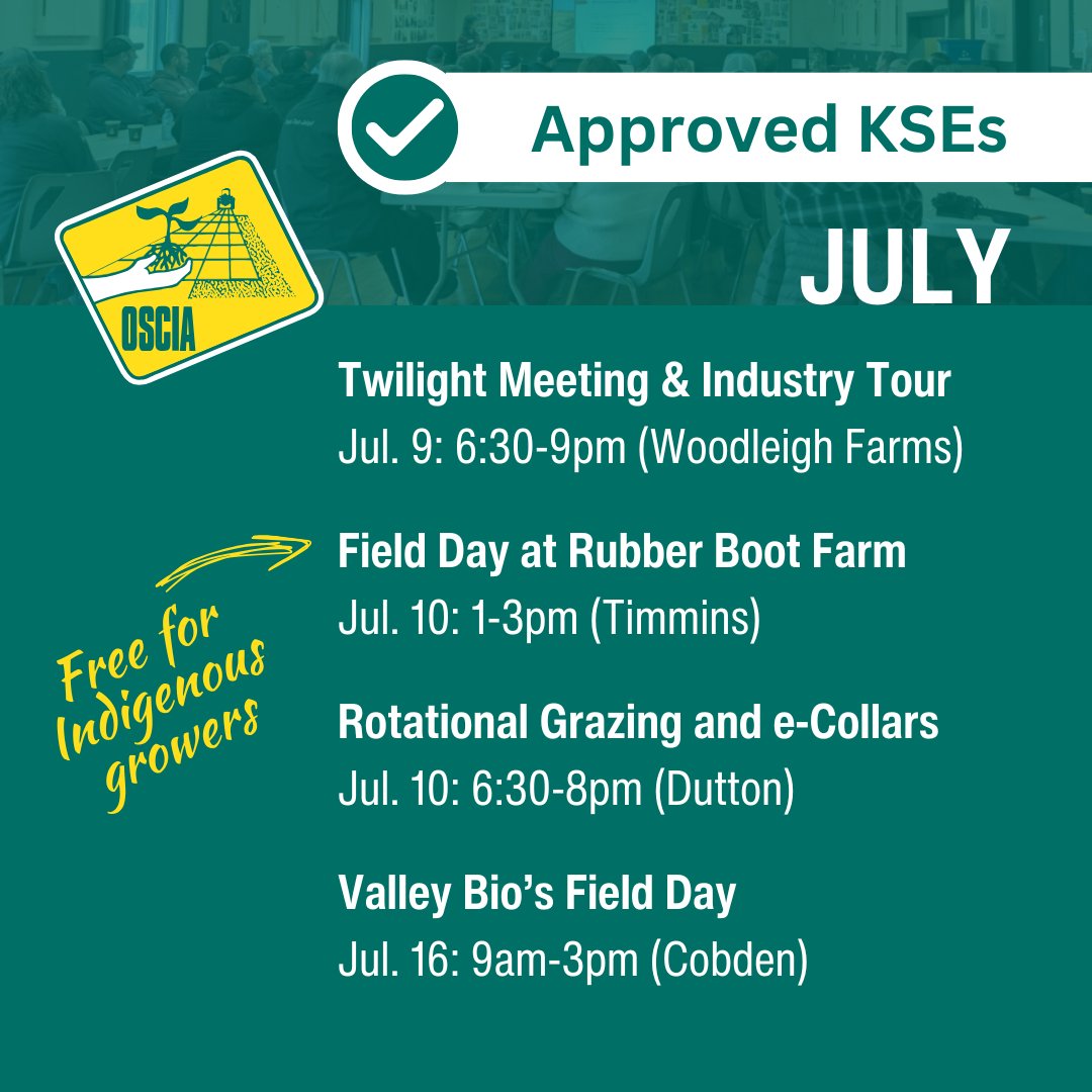 July KSEs: 

- Tour Living Labs On-Farm research &amp; adaptive N trials (Jul9)
- Sustainable husbandry at Rubber Boot Farm  (Jul10)
- Rotational grazing/e-collars (Jul10)
- Valley Bio field day (Jul16)

Note: #OFCAF applicants must complete a #KSE. Register: rebrand.ly/wx53agt