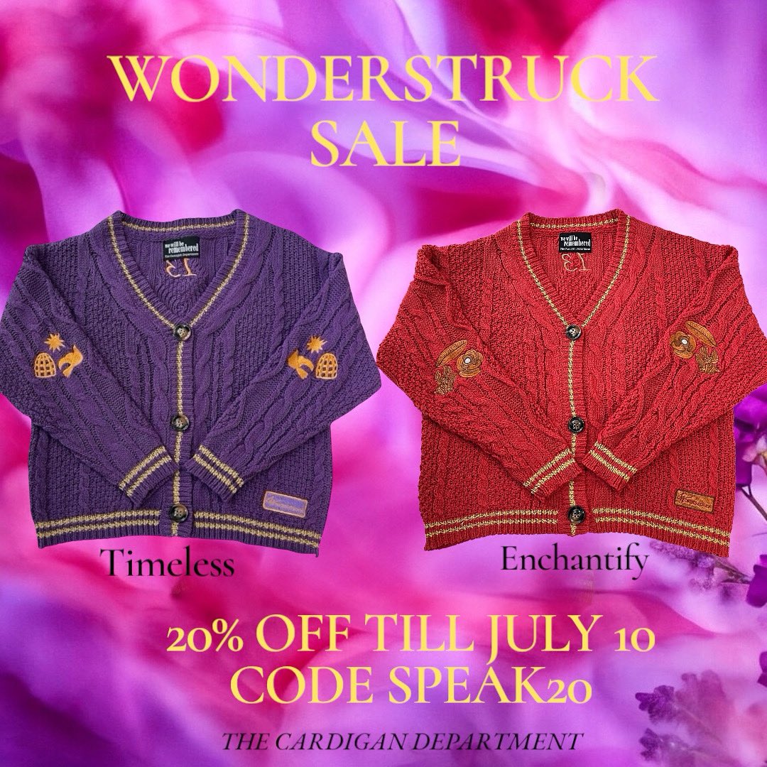 Inspired by the iconic fragrances, the Wonderstruck Cardigans are now on sale using code SPEAK20 till Thursday 💜

thecardigandepartment.com