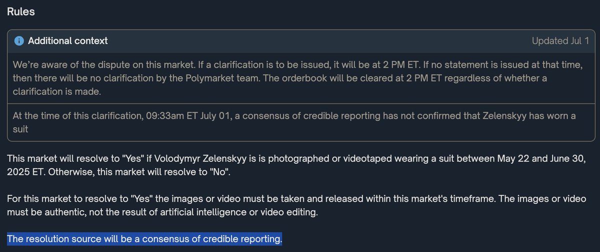 serbobross's tweet photo. is there a betting market on whether @polymarket will actually resolve the Zelenskyy suit market based on their own rules of, "consensus of credible reporting" or @UMAprotocol whales ? https://t.co/Yfja2GCESQ
