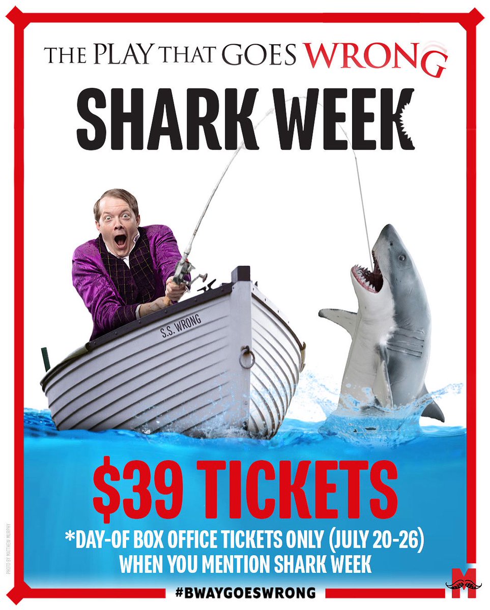 Take a bite out of this 🦈 

#SharkWeek is making its annual return to #BwayGoesWrong! Mention SHARK WEEK at the box office from July 20 to 26 to get $39 day-of tickets &amp; get hooked with some special photo ops 🤭