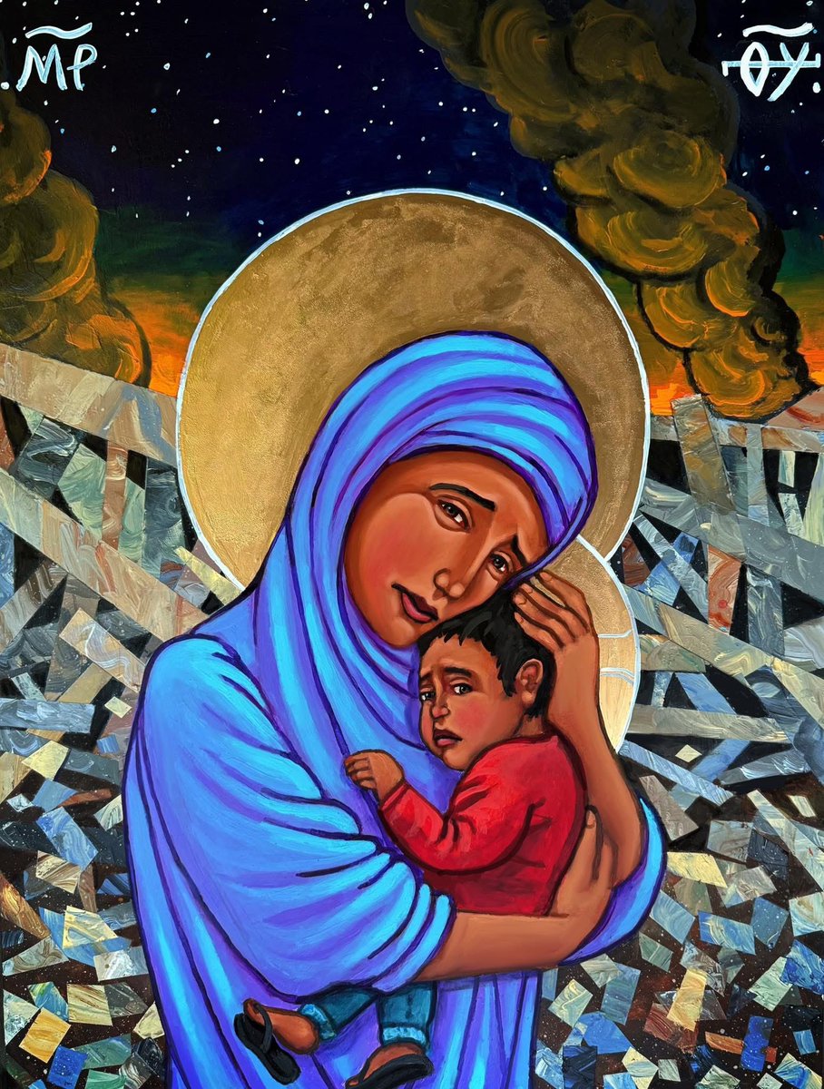 Stunning new icon by <a href="/KLICONS/">Kelly Latimore Icons</a>: Our Lady: Protectress of the Most Vulnerable. “This icon is for those who are the most vulnerable among us. The migrant, the refugee, the foreigner and ‘the other.’ The children in Gaza, those being detained by ICE, the innocent families in Yemen