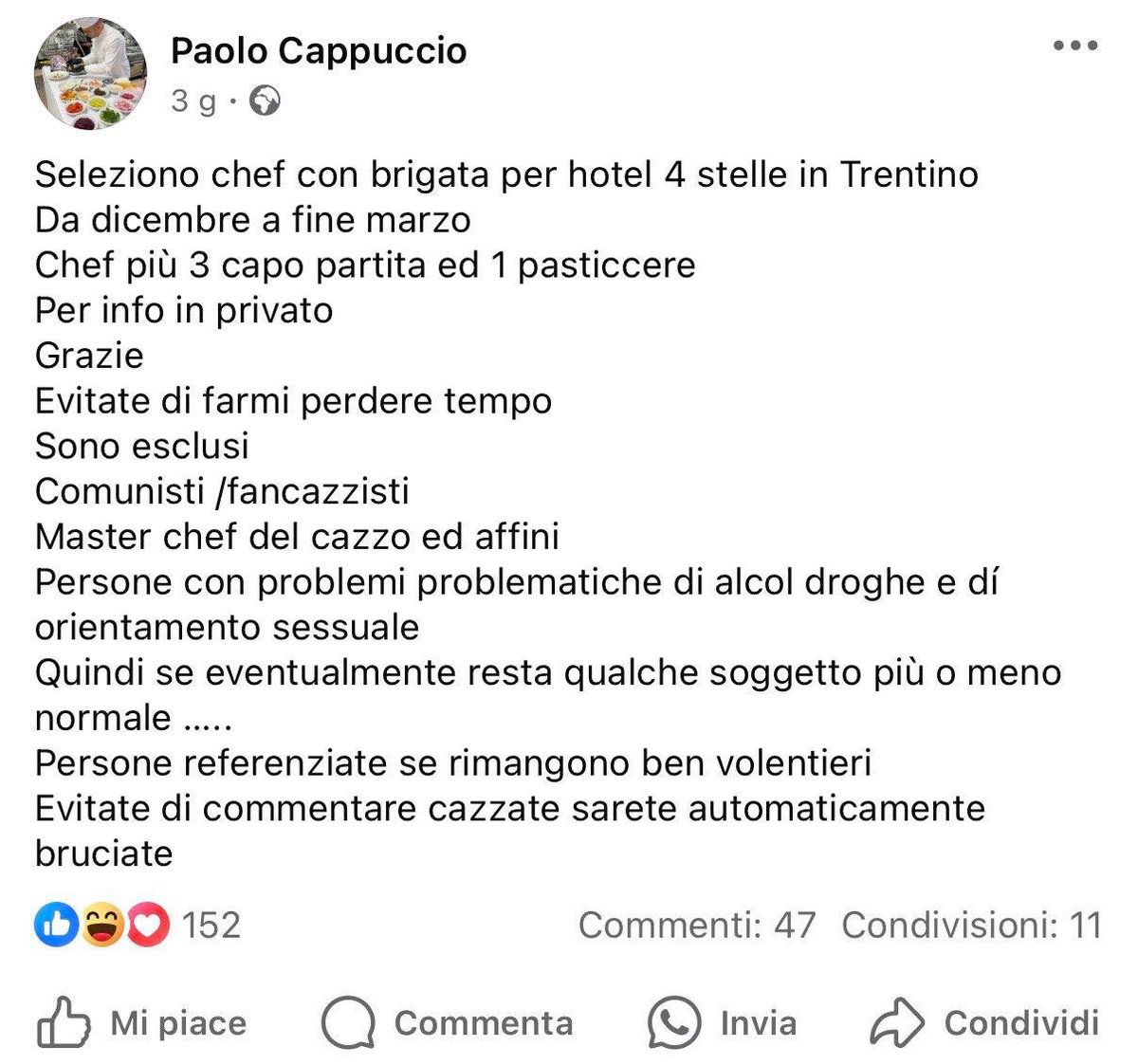 SimoneAlliva's tweet photo. “No gay, no comunisti, no Masterchef”.

L’annuncio dello chef stellato Paolo Cappuccio è discriminazione.
Il d.lgs. 216/2003 vieta esclusioni fondate su orientamento sessuale.
L’art. 10 del d.lgs. 276/2003 punisce chi usa dati sensibili per assumere.

#omofobia #lgbt https://t.co/UlR2id30c9