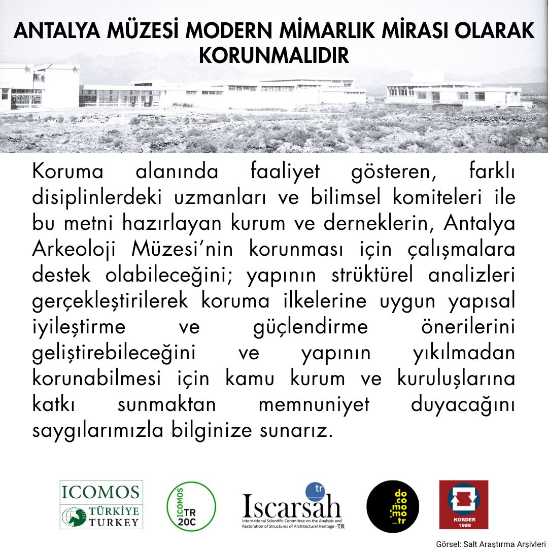 DocomomoTr's tweet image. Antalya Müzesi modern mimarlık mirası olarak korunmalıdır. ICOMOS Türkiye, ISC20C Türkiye, ISCARSAH Türkiye, DOCOMOMO_Türkiye ve KORDER ortak görüş metni için:  docomomo-tr.org/belgeler/docom… @ICOMOSTURKEY @KORDER1 @TCKulturTurizm