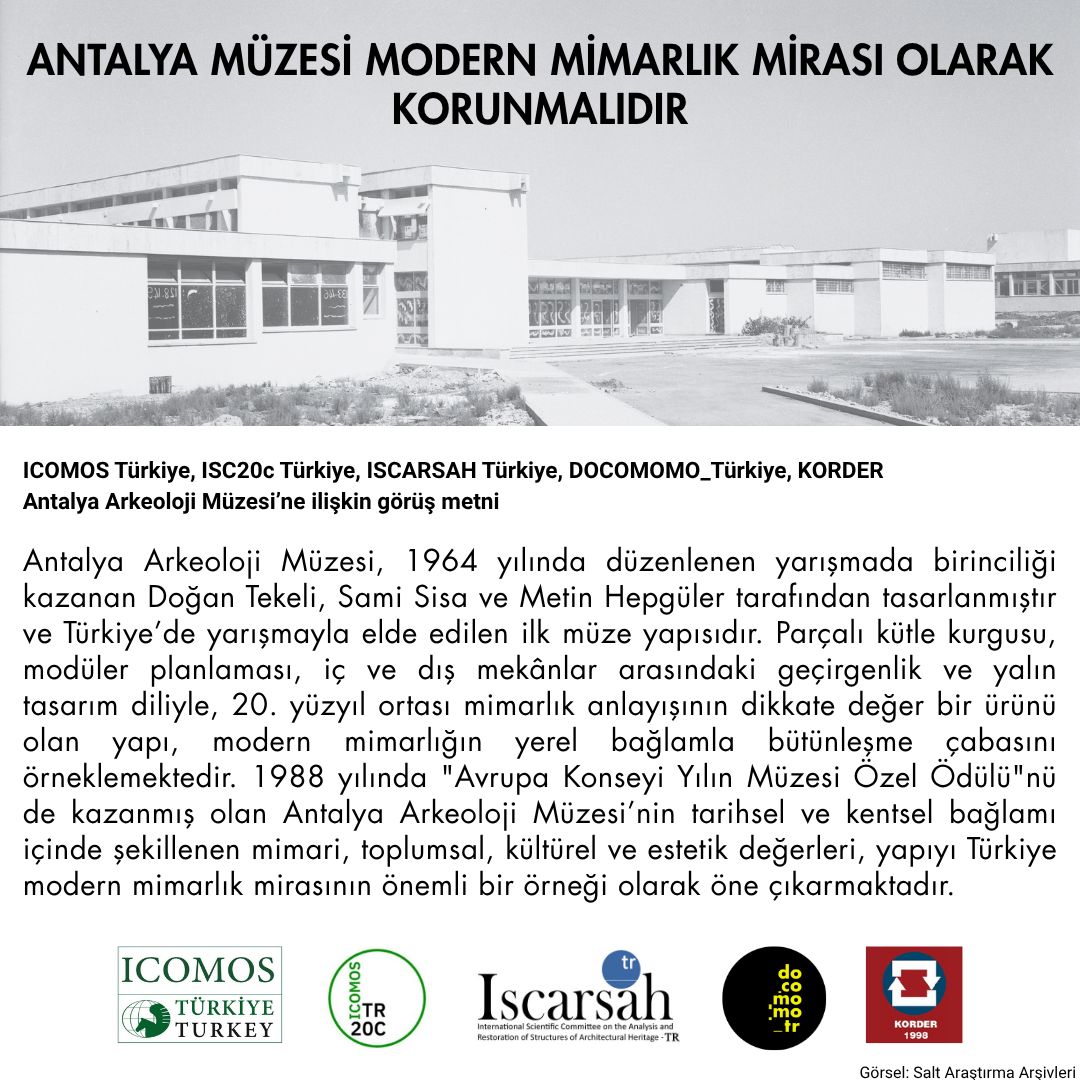 DocomomoTr's tweet image. Antalya Müzesi modern mimarlık mirası olarak korunmalıdır. ICOMOS Türkiye, ISC20C Türkiye, ISCARSAH Türkiye, DOCOMOMO_Türkiye ve KORDER ortak görüş metni için:  docomomo-tr.org/belgeler/docom… @ICOMOSTURKEY @KORDER1 @TCKulturTurizm