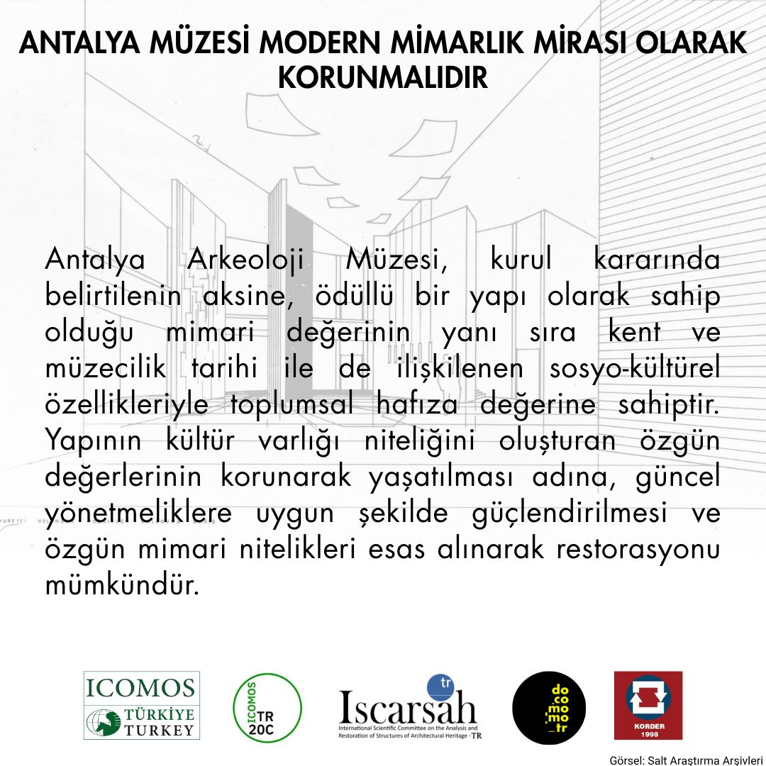 DocomomoTr's tweet image. Antalya Müzesi modern mimarlık mirası olarak korunmalıdır. ICOMOS Türkiye, ISC20C Türkiye, ISCARSAH Türkiye, DOCOMOMO_Türkiye ve KORDER ortak görüş metni için:  docomomo-tr.org/belgeler/docom… @ICOMOSTURKEY @KORDER1 @TCKulturTurizm