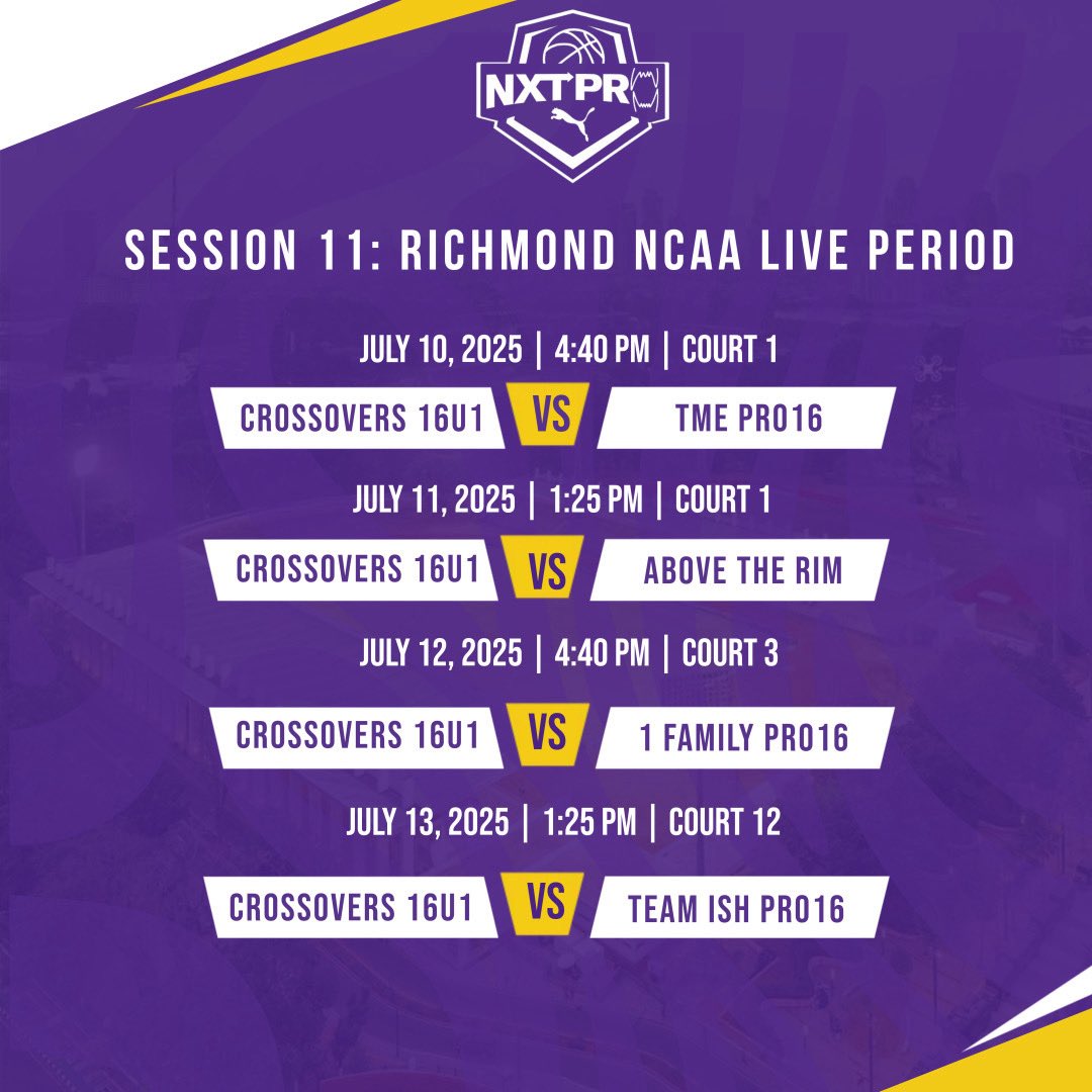 Montavious Clardy (@ima_tay3) on Twitter photo College coaches here is my schedule Session 11 in <a href="/PRO16League/">PRO16/NXTPRO League</a> Live Period Richmond, VA! Let’s go!
📍Richmond, VA
📆 July 10-13
🏟️ Henrico Sports & Event Center
<a href="/CourtneyHoops90/">Courtney Asher Smith</a> <a href="/PrepHoopsTN/">Prep Hoops Tennessee</a> <a href="/CoachKhalilS/">Khalil Shakir 🏀</a> <a href="/TreySterner5345/">Trey Sterner</a> <a href="/EthanPiechota/">Ethan Piechota</a> @CoachPCong <a href="/CoachKhalilS/">Khalil Shakir 🏀</a> <a href="/KirkwoodMBB/">Kirkwood Men’s Basketball</a> College coaches here is my schedule Session 11 in <a href="/PRO16League/">PRO16/NXTPRO League</a> Live Period Richmond, VA! Let’s go!
📍Richmond, VA
📆 July 10-13
🏟️ Henrico Sports & Event Center
<a href="/CourtneyHoops90/">Courtney Asher Smith</a> <a href="/PrepHoopsTN/">Prep Hoops Tennessee</a> <a href="/CoachKhalilS/">Khalil Shakir 🏀</a> <a href="/TreySterner5345/">Trey Sterner</a> <a href="/EthanPiechota/">Ethan Piechota</a> @CoachPCong <a href="/CoachKhalilS/">Khalil Shakir 🏀</a> <a href="/KirkwoodMBB/">Kirkwood Men’s Basketball</a>