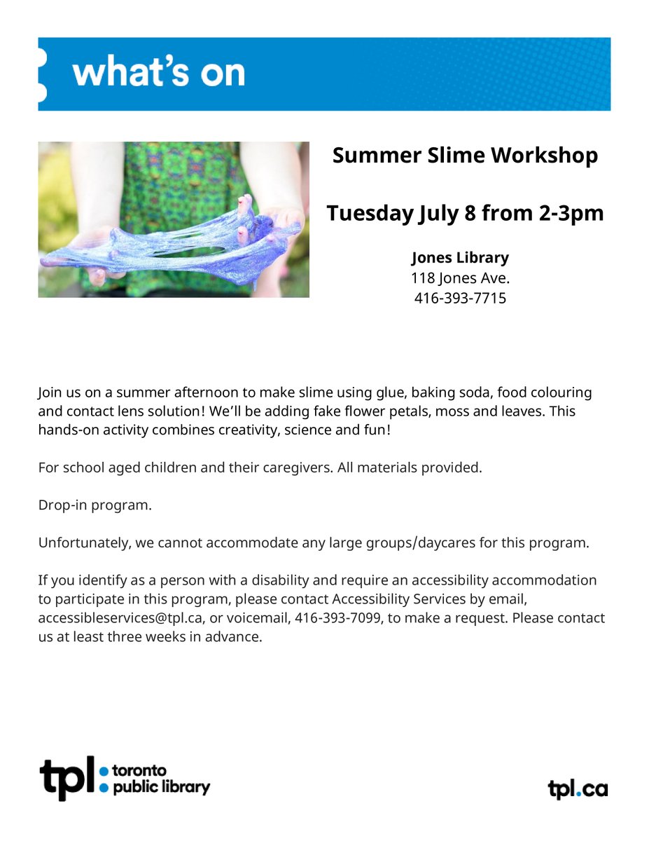 Join us for a summer slime workshop tomorrow at 2pm!