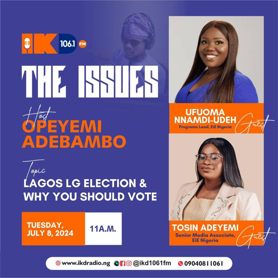 Our Lagos LG election radio tour continues tomorrow on <a href="/ikd1061fm/">ikd1061fm</a>!
Join <a href="/_ufuoma_/">Ufuoma| YourCivicBuddy 💚🤍💚</a> &amp; Tosin Adeyemi as we talk about what’s at stake in the Lagos LG elections and why your participation matters. Don't miss it!
#myLGA