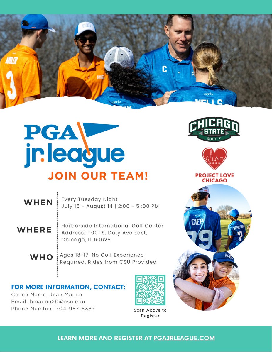 ChiStateCougars's tweet image. Chicago State Golf and Project Love Partnering for the PGA Jr. League Golf Club. Still plenty of scholarship spots available!
📅 Every Tuesday | July 15 – August 14
🕑 2:00 – 5:00 PM
📍 Harborside International Golf Center
🚐 Free rides from CSU provided!
Register today!