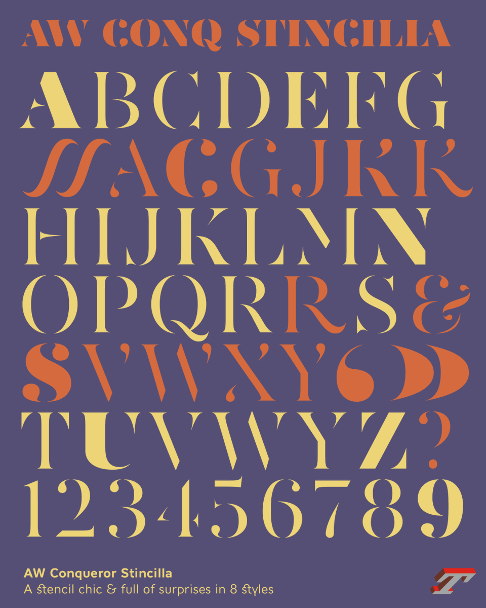 typofonderie's tweet image. Stincilla naturally refers to Didot and “pochoirs” alphabets. We have added ornate variants with different drops, as well as ligatures, vignettes and overs sized quotes at the size of capitals to the AW Conqueror Stincilla.
➽  typofonderie.com/fonts/aw-conqu…