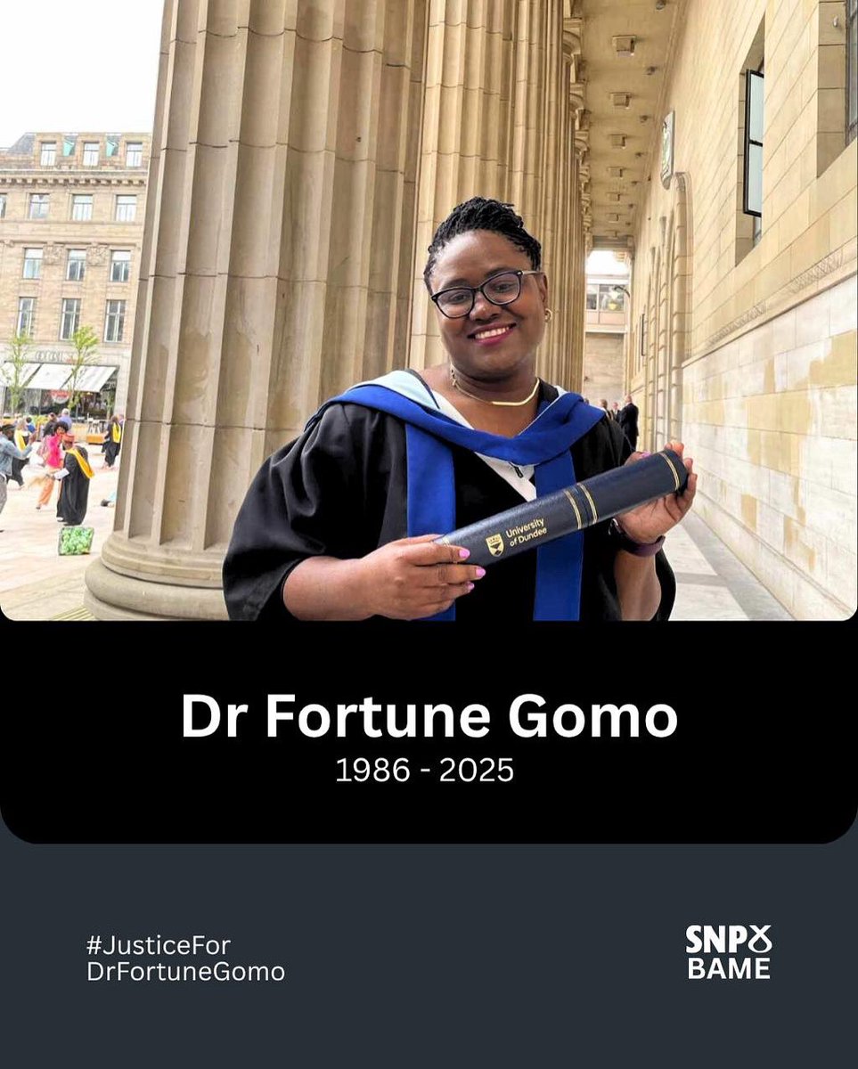 We condemn the brutal murder of Dr. Fortune Gomo in Dundee. A healthcare professional was killed in an utterly shocking and brutal attack.

Thoughts and prayers with her family and community. Scotland must do better.
#JusticeForDrFortuneGomo #BlackLivesMatter