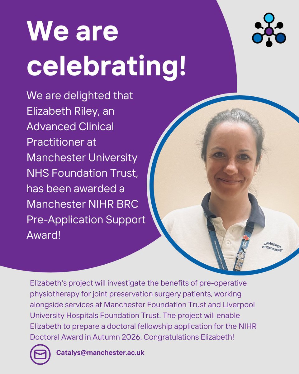 mcrcatalys's tweet image. 🎉 Congratulations to Elizabeth Riley on being awarded the Manchester NIHR BRC Pre-Application Support Fund! Elizabeth will investigate the benefits of pre-operative physiotherapy for joint preservation surgery patients and prepare a NIHR Doctoral Award application. Well done! 🚀