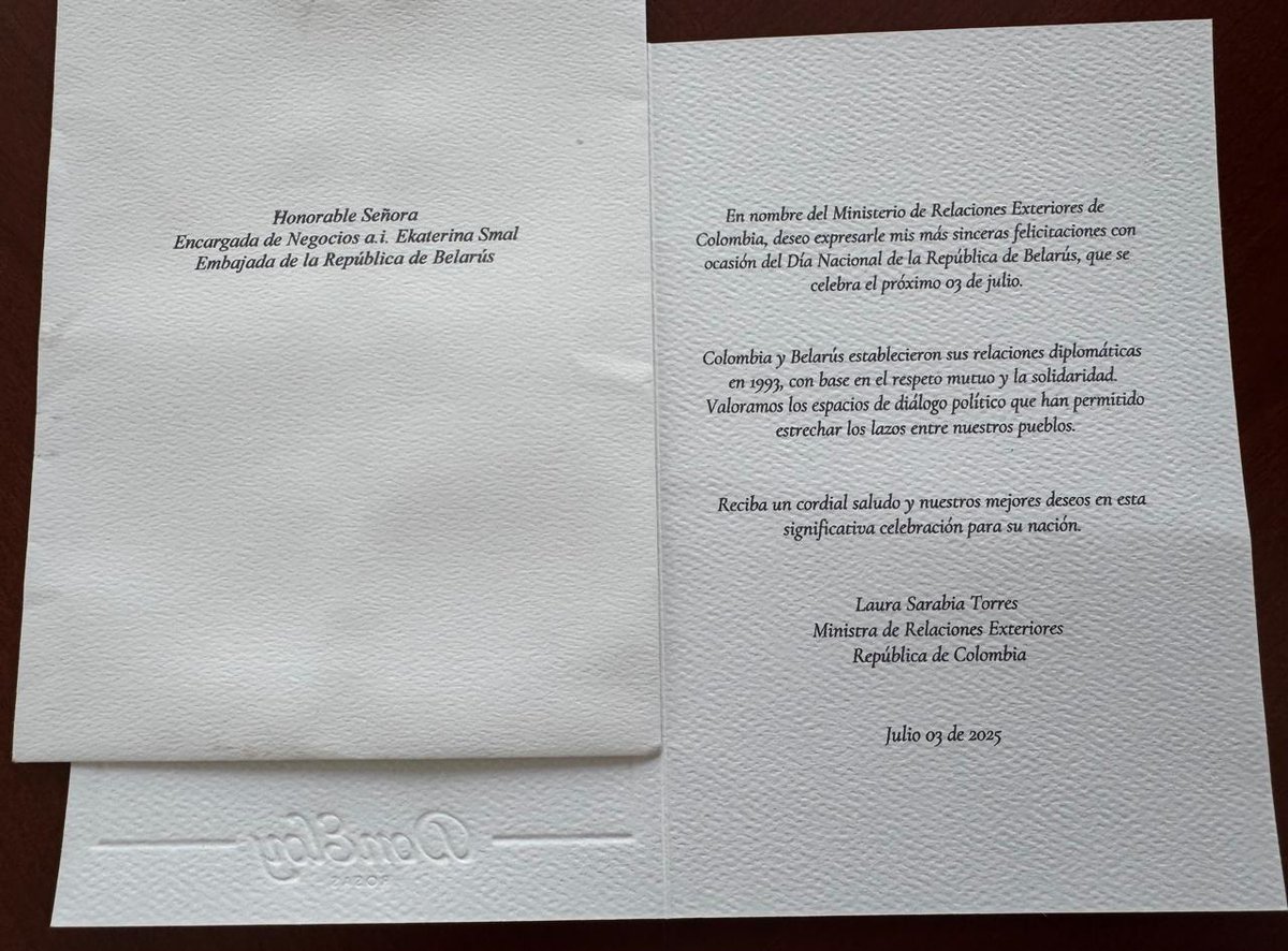 Agradecemos a la Excma. Ministra Laura Sarabia Torres <a href="/laurisarabia/">Laura Sarabia</a> y la Cancillería de Colombia <a href="/CancilleriaCol/">Cancillería Colombia</a> 🇨🇴 por cálida felicitación con motivo del Día de la Independencia de Belarús 🇧🇾🤗

Trabajaremos en conjunto para afianzar aún más nuestras relaciones bilaterales 🤝