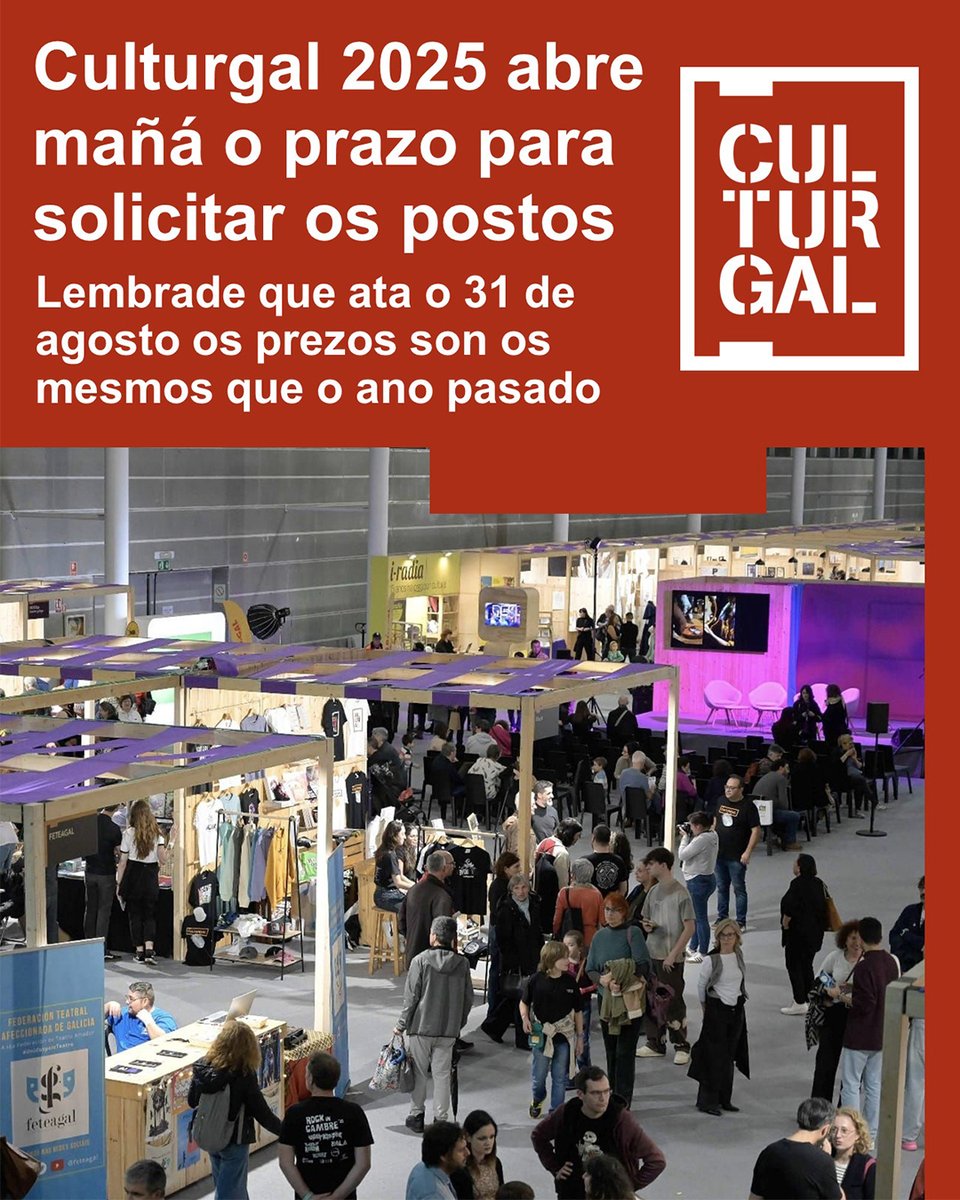 📌 O Culturgal 2025 abre o próximo martes 8 de xullo ás 12:00 horas o prazo no que se poden solicitar os postos. 

👍 Haberá un primeiro prazo de solicitude dos postos, ata o día 31 de agosto, ao mesmo prezo que o ano pasado.