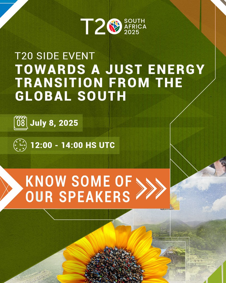 MatiasFBianchi's tweet image. #T20SouthAfrica Side Event
✊ Towards a Just Energy Transition From the Global South
🌱 @asuntosdelsur and KALLIED, with the support of @IDRC_CRDI are bringing global experts in the framework of the T20 to inform the policy debates of the G20.
🗓️ Tomorrow, Please join:…