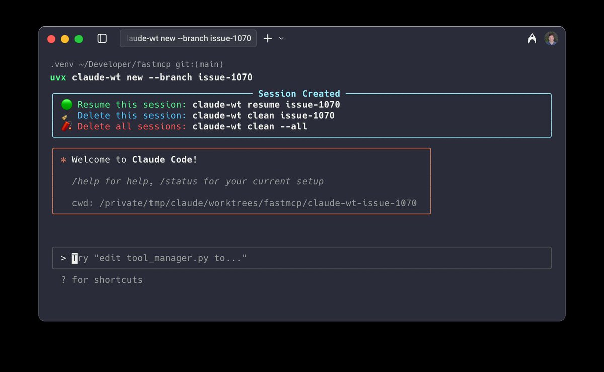 jlowin's tweet image. Git worktrees are the recommended way to run Claude Code in parallel, but managing them is kind of tedious... so I built claude-wt!
A simple utility to spin up and manage Claude in isolated worktrees.
No install needed: uvx claude-wt new
