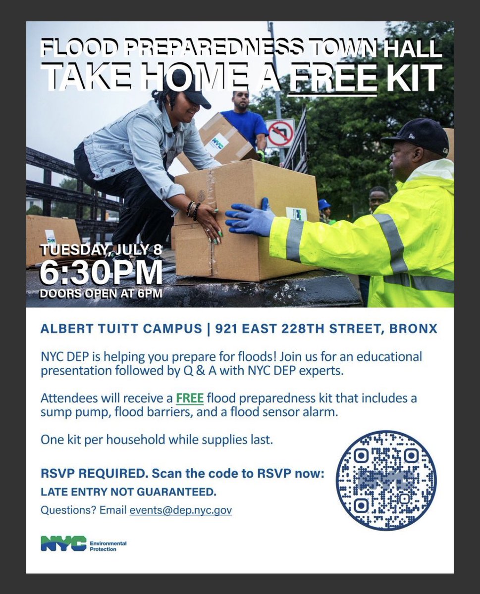 KristyMarmorato's tweet image. ๐จ Reminder: flood kit giveaway tomorrow at 6:30pm!
๐ Albert Tuitt Campus - 921 E 228th St
Must RSVP: on.nyc.gov/3ZsDtR1