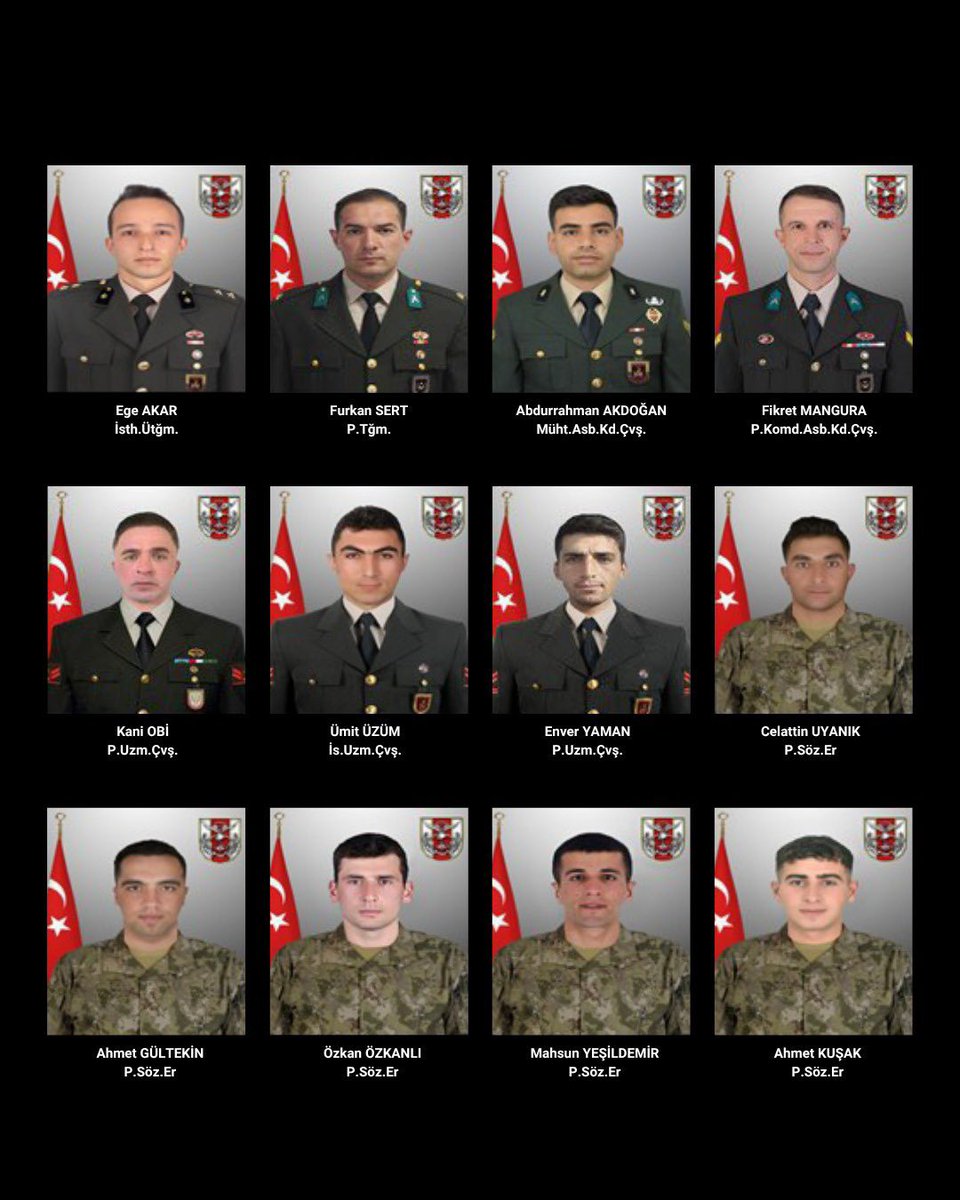 Bugün, vatan toprağı uğruna canlarını feda eden 12 kahraman evladımızın acısıyla yüreğimiz dağlandı.

Her biri, şehadet şerbetini içerek kutsal görevini en yüce mertebede tamamladı.

Alınlarına kazınan şehadet mührüyle toprağa düşen bu yiğitlerimize Rabbim rahmetiyle muamele